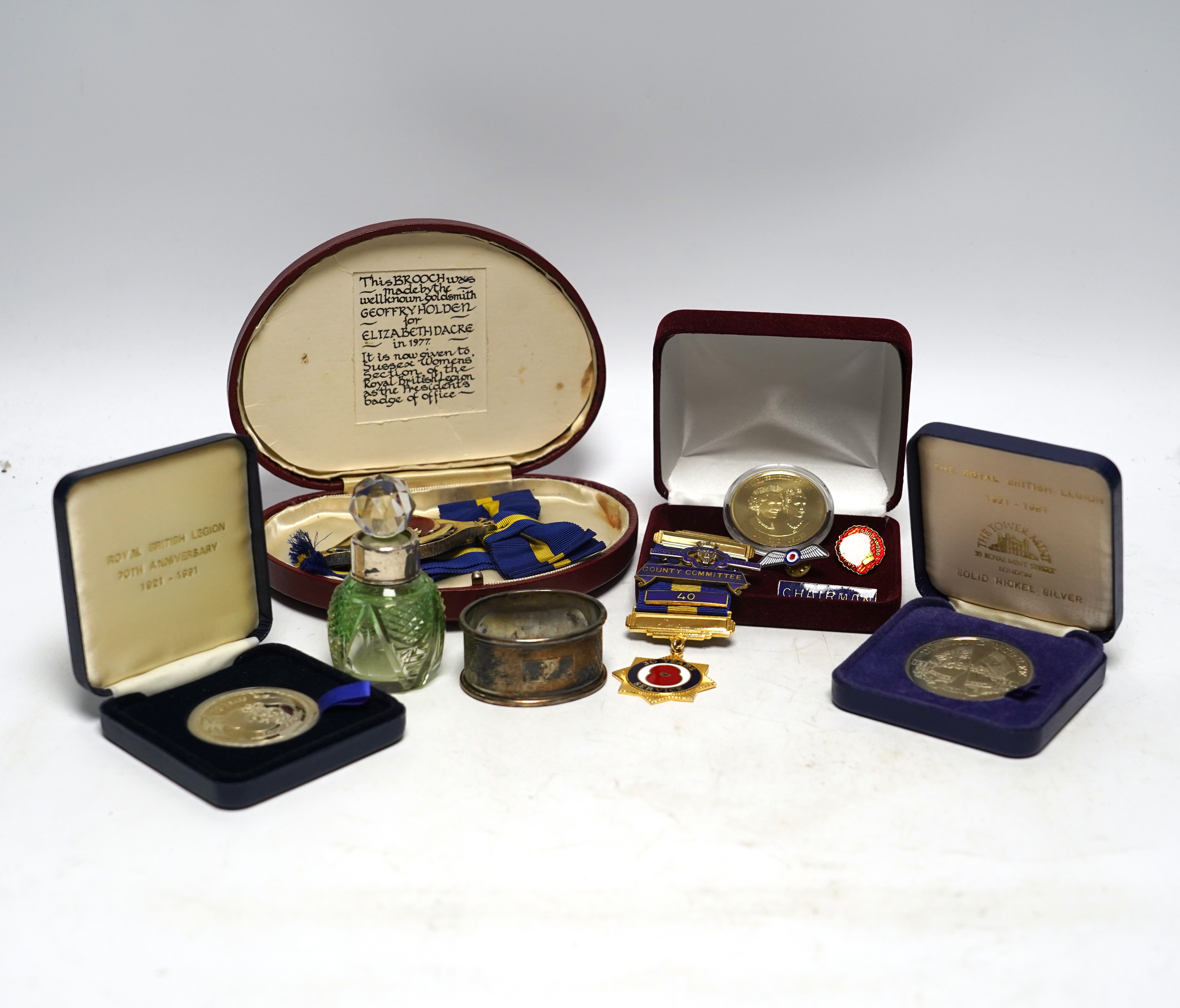 Royal British Legion interest, a Geoffrey Holden silver and enamel President's badge, silver medallions and sundries.